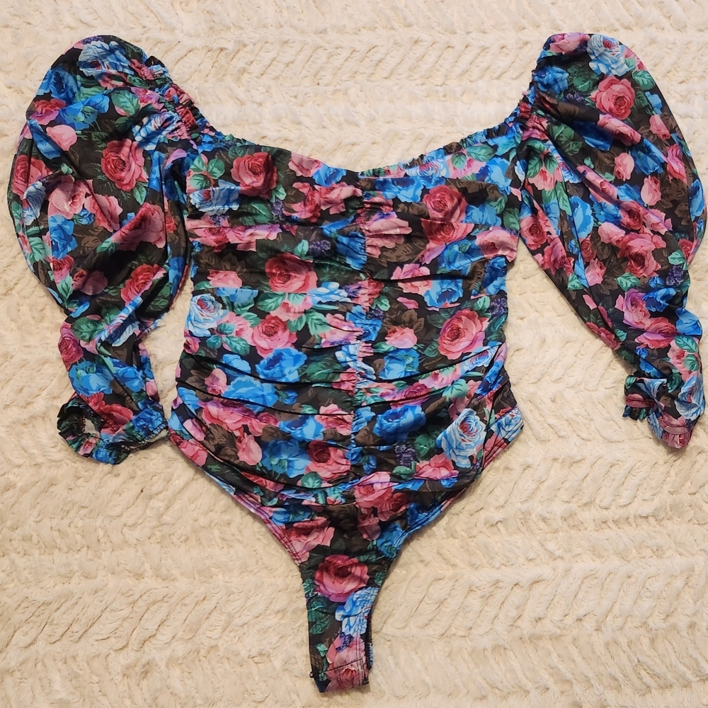 For Love & Lemons Monet Bodysuit. Floral Blue/Pink. Size XS. NWT